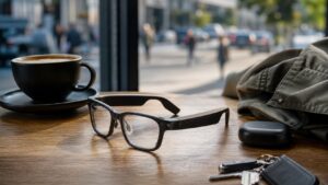 A pair of audio smart glasses on a cafe table beside a phone and coffee cup