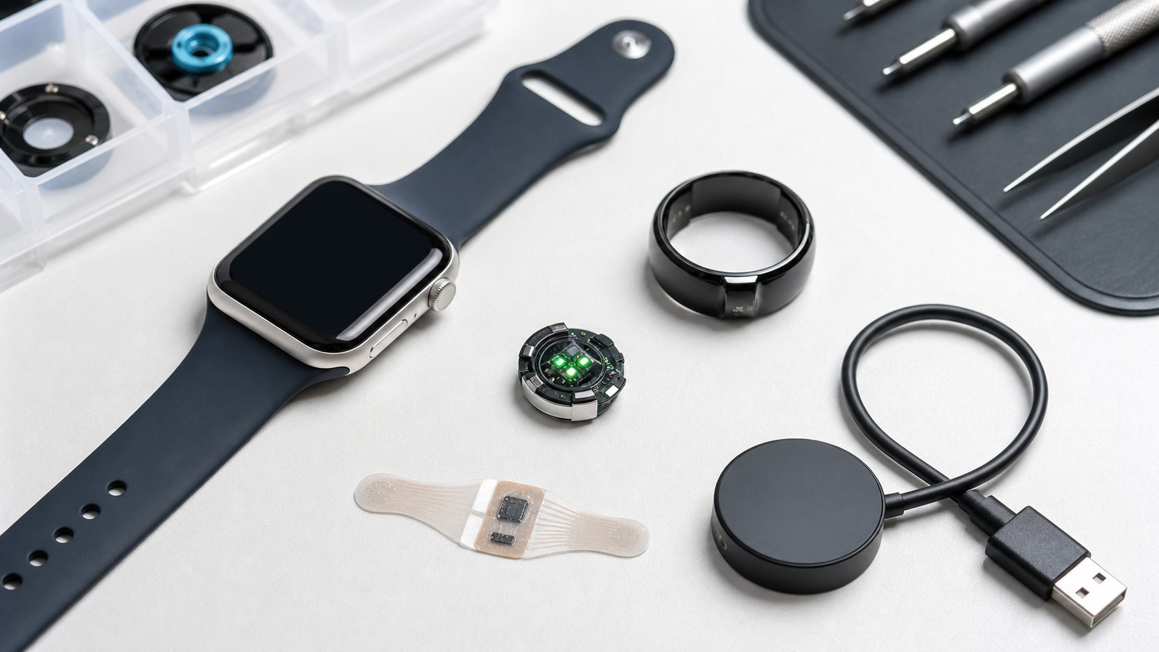 Smartwatch and fitness band displaying heart, oxygen, temperature, and activity health metrics