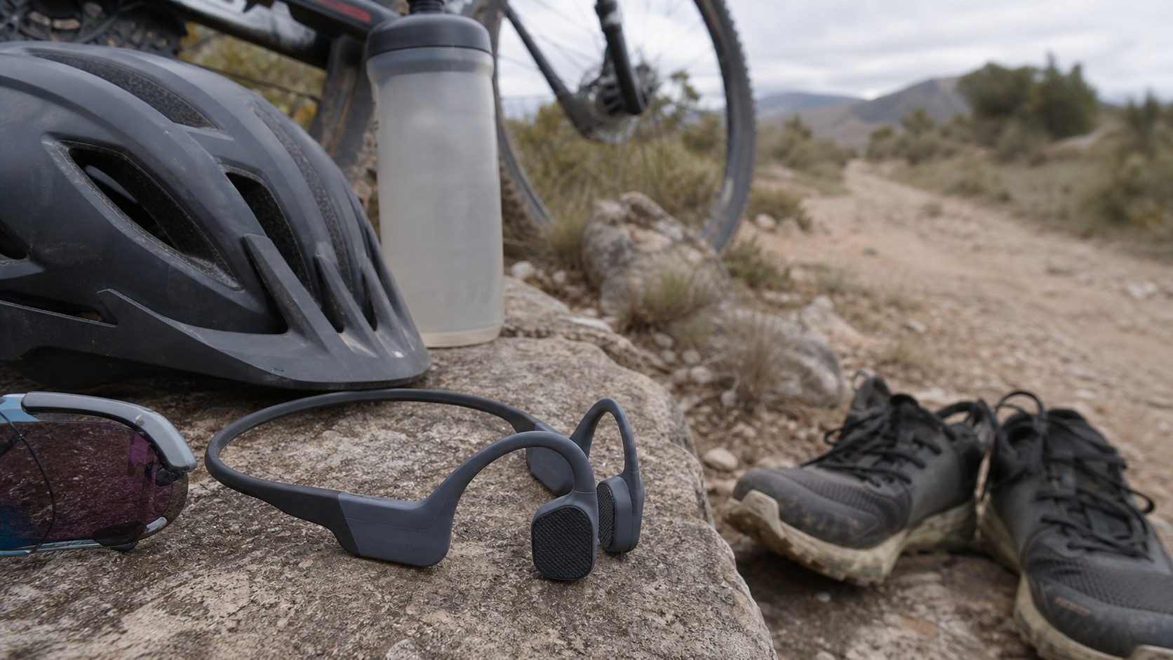 Runner wearing bone conduction headphones on an early morning road workout