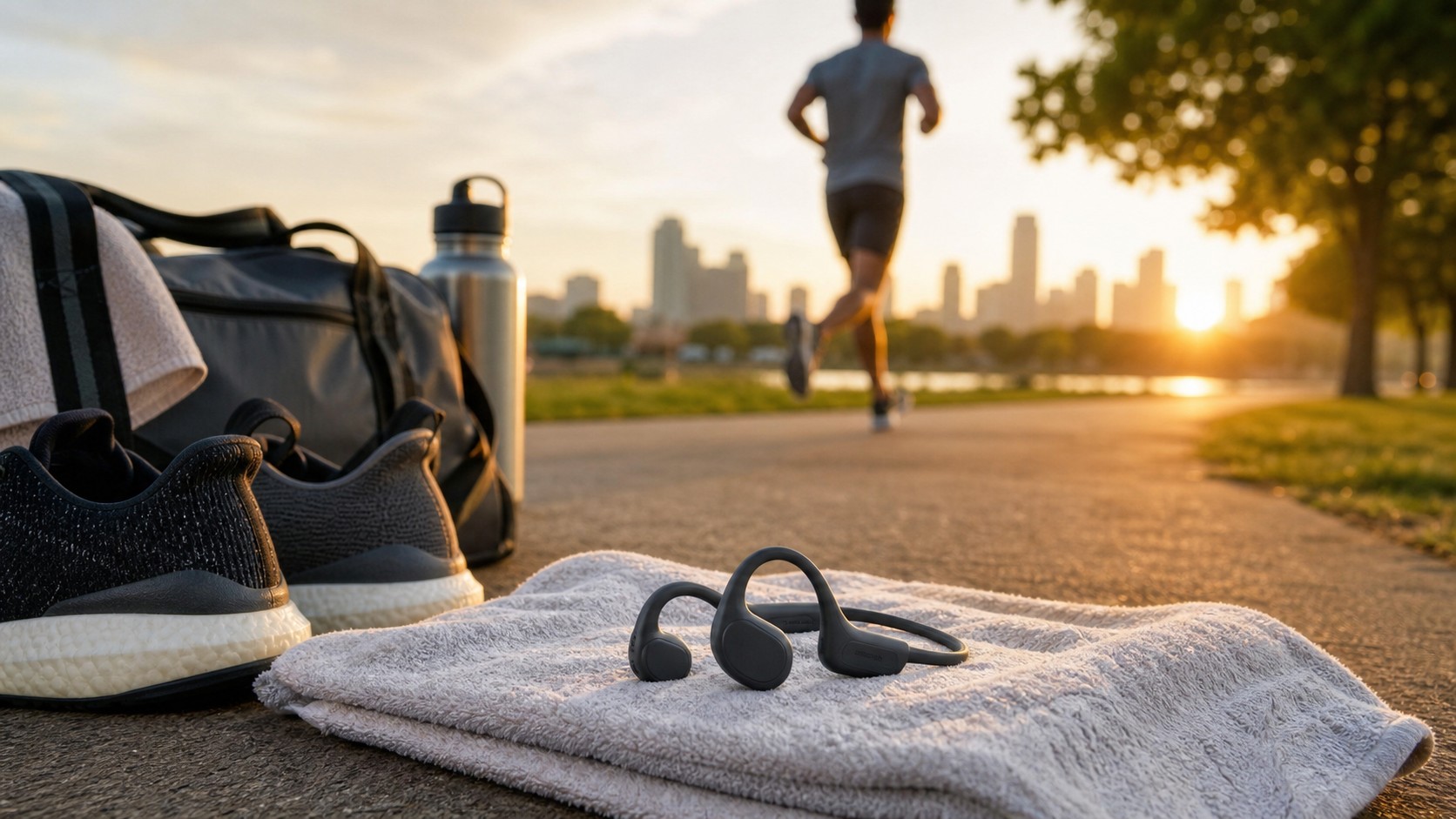 Runner adjusting open-ear earbuds before an early outdoor workout