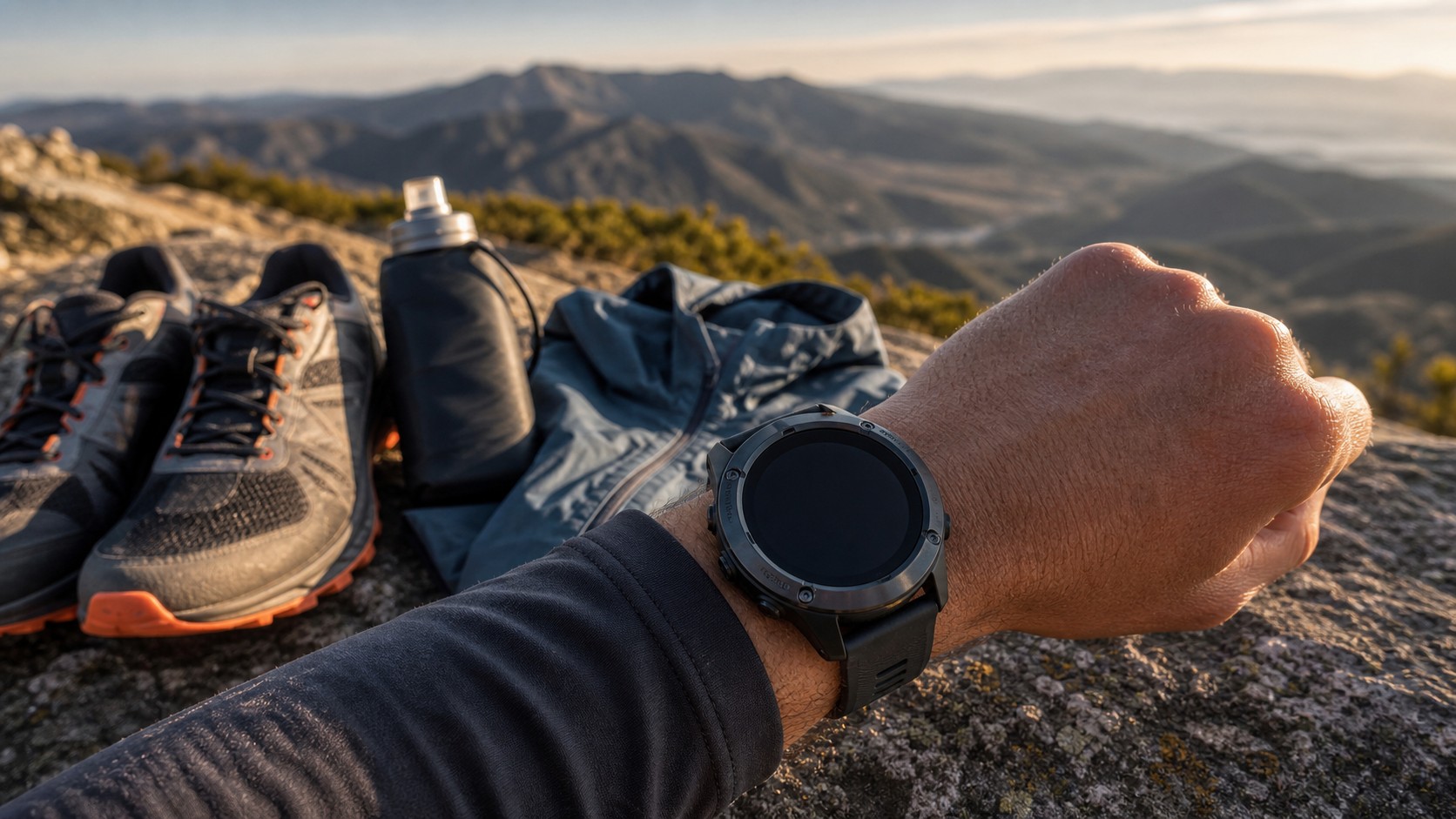 Athlete checking a rugged multisport smartwatch during a mountain run
