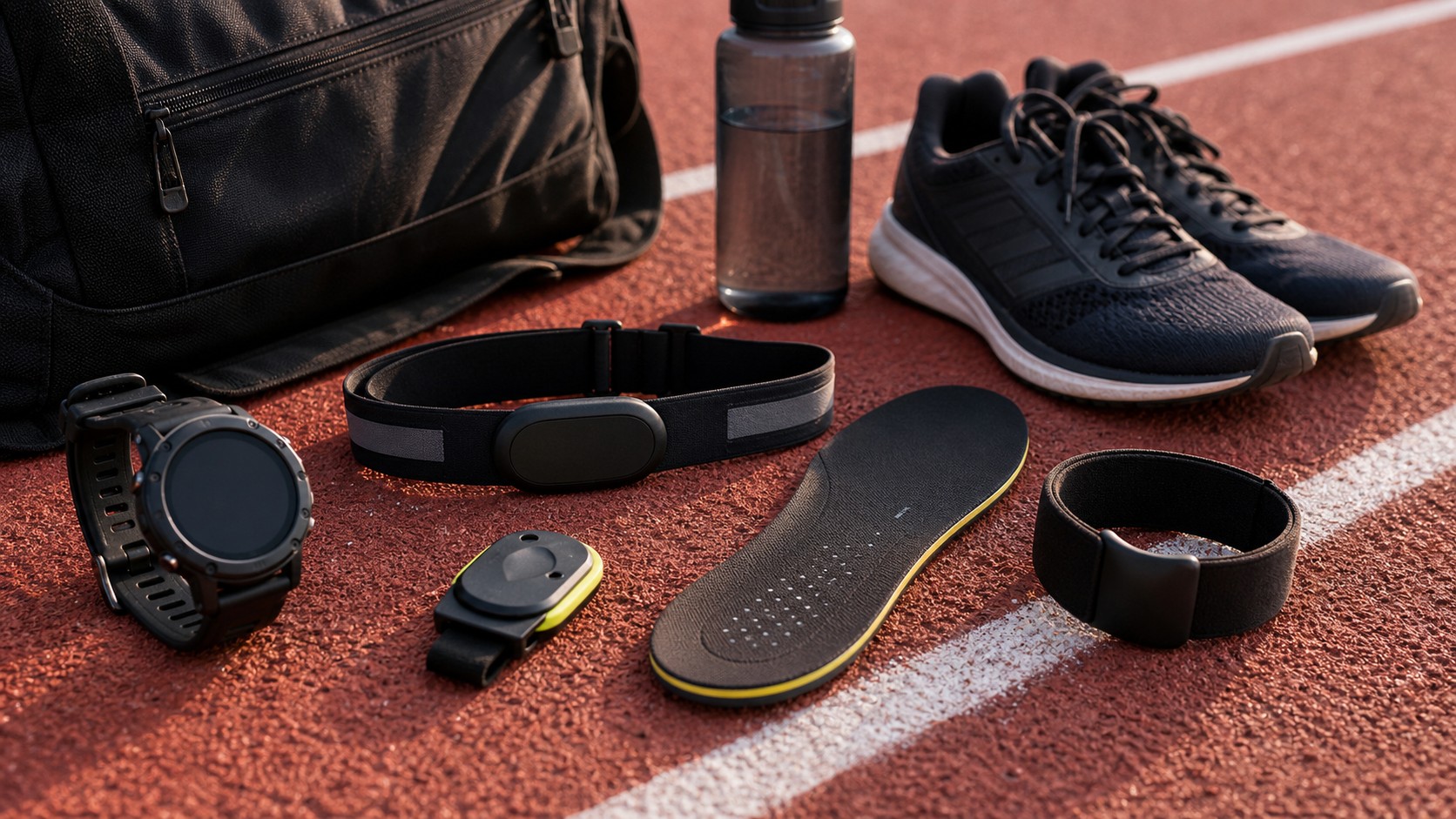 Runner reviewing performance data from multiple sports wearables after a track workout