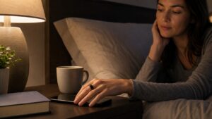 A smart ring on a bedside table beside a softly lit phone showing sleep trends