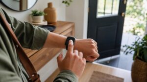 Person using an unbranded smartwatch in a calm everyday setting.