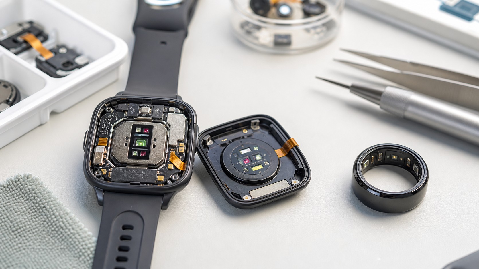 Close-up illustration of a smartwatch sensor array reading light, motion, temperature, and electrical signals from skin