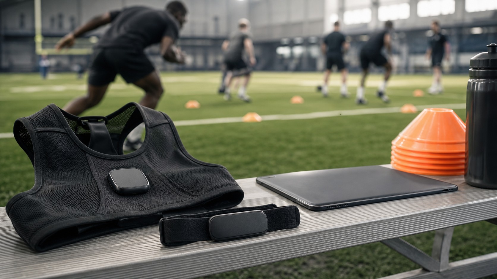 Professional athletes training while wearing GPS performance vests and wrist-based recovery sensors