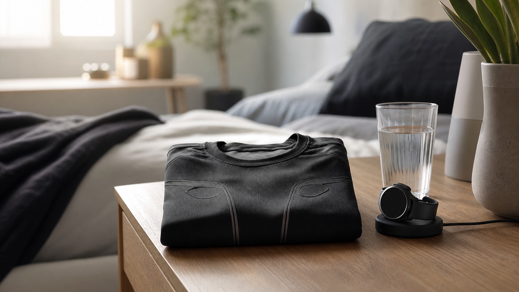 Person wearing a minimalist smart athletic shirt with subtle embedded sensors while reviewing wellness metrics on a phone