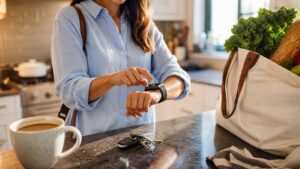 Person using a smartwatch while organizing daily tasks in a bright kitchen setting.