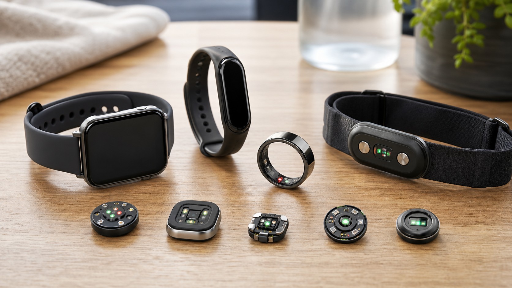 Smartwatch and fitness tracker displaying health metrics from biometric sensors
