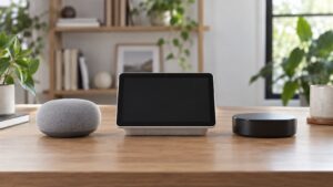 Three generic smart assistant devices arranged on a table for ecosystem comparison