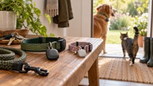 Dog and cat collars with unbranded GPS tracker tags on entryway bench