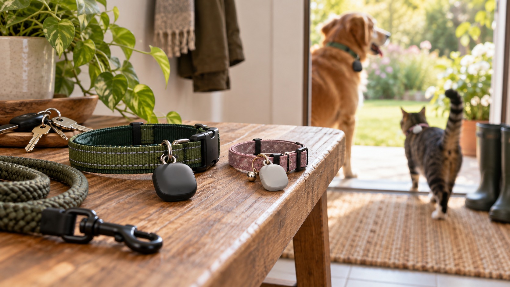 Dog and cat collars with unbranded GPS tracker tags on entryway bench