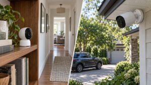 Indoor security camera on a shelf and outdoor camera under an eave watching a driveway