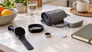 Assorted health tracking wearables arranged on a kitchen counter with no visible branding