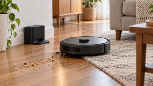 Unbranded robot vacuum cleaning crumbs near a rug edge and plain charging dock