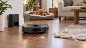 Robot vacuum cleaning pet hair near a rug with dog and cat resting in background