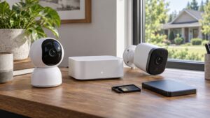 Two generic security cameras beside a local storage hub and memory card on a desk