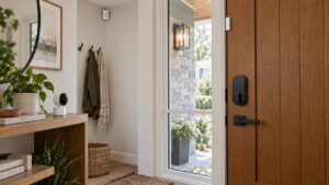 Modern entryway with smart lock, indoor camera, motion sensor, and door contact sensor