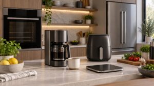 Modern kitchen counter with generic smart coffee maker, air fryer, scale, oven, and refrigerator