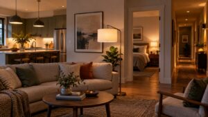 Open home interior with smart lighting across kitchen, living room, bedroom doorway, and hallway