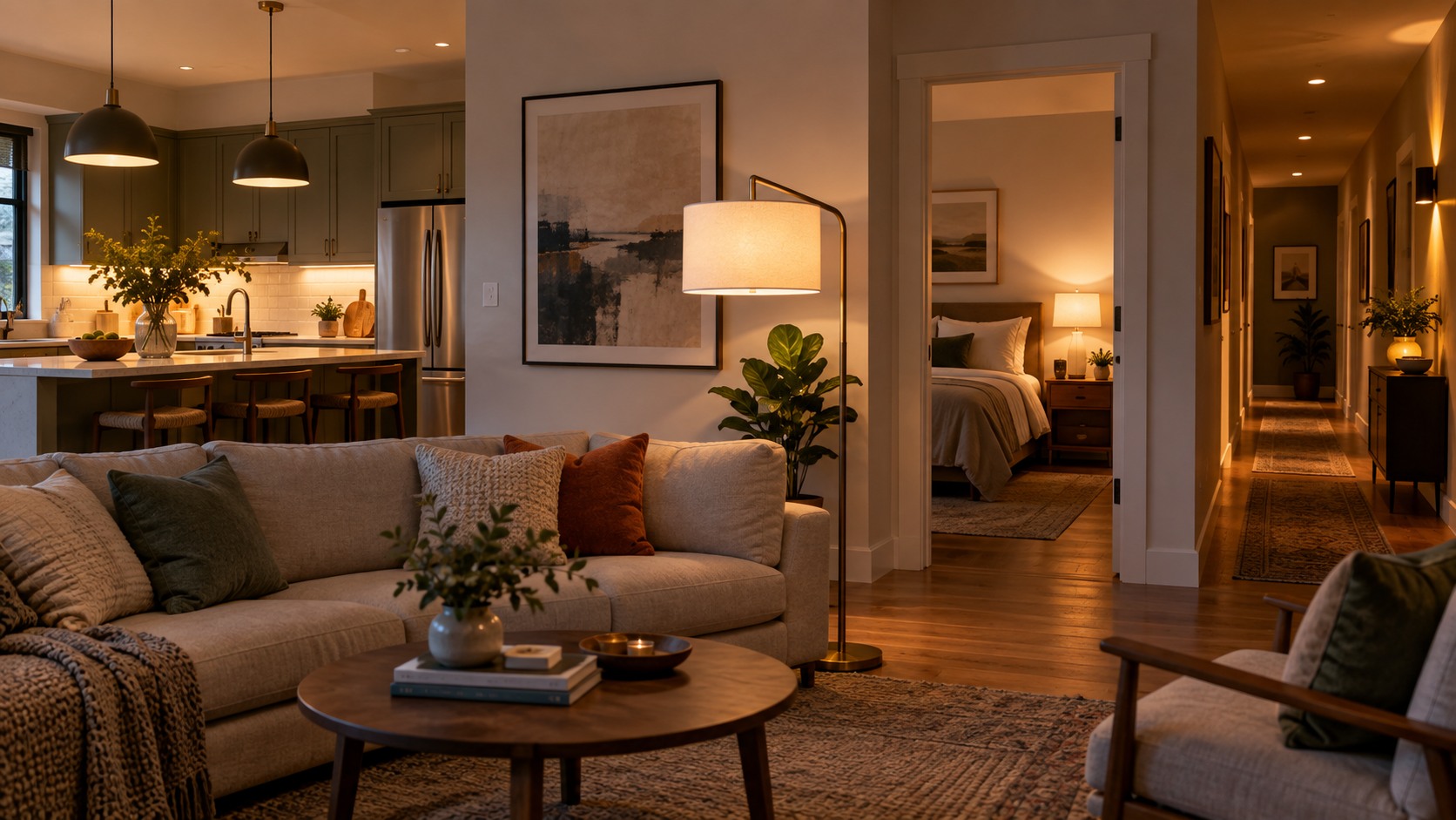 Open home interior with smart lighting across kitchen, living room, bedroom doorway, and hallway
