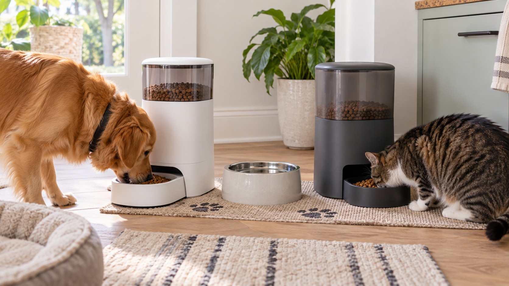 Dog and cat eating from unbranded automatic pet feeders in a bright kitchen corner