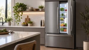 Modern unbranded refrigerator open in a bright kitchen with organized produce and shelves