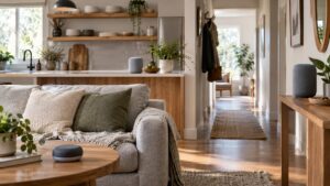 Generic smart speakers placed across living room, kitchen, and hallway in a warm home