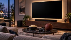 Premium living room with blank smart TV, soundbar, game controller, sports ball, and movie snack bowl