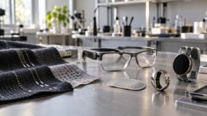 Future wearable prototypes including smart glasses, sensor fabric, smart ring, patch, and watch on a lab bench