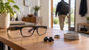 AI wearable devices on a wooden desk as a person leaves home in the background