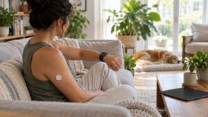 Person wearing a smartwatch and sensor patch while relaxing at home with a blank tablet nearby