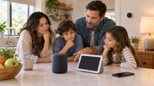 Family comparing generic smart assistant devices on a kitchen counter with blank screens