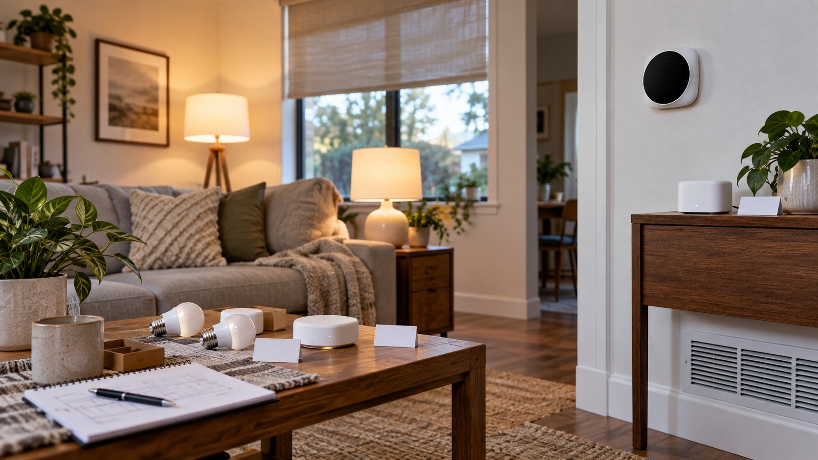 Living room setup with smart bulbs, hub, blank thermostat, window shade, and air vent