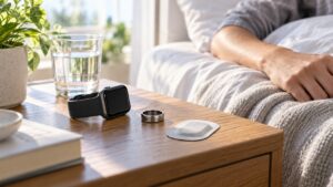 Medical wearable devices on a bedside table beside a resting arm in morning light