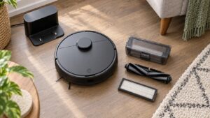 Robot vacuum buying guide scene with unbranded vacuum, dock, dust bin, brush roll, filter, and rug edge
