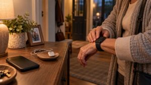Older adult checking a smartwatch near a medical alert pendant and phone at home
