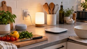 Beginner smart kitchen counter with smart speaker, smart plug, glowing counter light, and blank scale