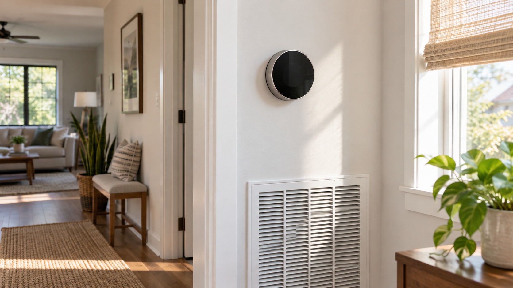 Blank round smart thermostat on a hallway wall near an air return and sunny window shade