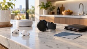 Smartwatch with everyday devices on a kitchen island suggesting home control, payments, and communication