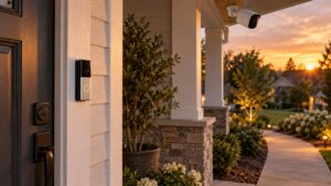 Front porch with a video doorbell beside the door and an outdoor security camera under the roof