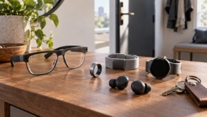 Future wearable devices arranged on a home entry table with smart glasses, ring, earbuds, band, and watch